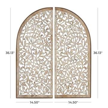 Deco 79 Wooden Floral Handmade Home Wall Decor Arched Wall Sculpture with Intricate Carvings, Set of 2 Wall Art 15" W, 36" H, Brown