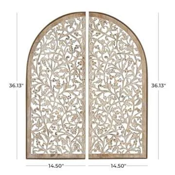 Deco 79 Wooden Floral Handmade Home Wall Decor Arched Wall Sculpture with Intricate Carvings, Set of 2 Wall Art 15" W, 36" H, Brown
