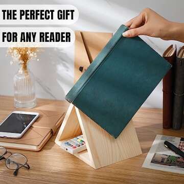 Leinuosen 2 Pcs Triangle Book Page Holder Triangle Bookmark Wooden Stand Bible Book Rest Book Easel Kitchen Counter Decor Reading Book Accessories Teacher Gifts for Book Display (Wood Color)