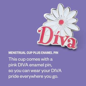 Diva Cup & Pin - Medical Grade Silicone Cup for Period Care - Reusable Menstrual Cup - Up to 12 Hours of Continuous Wear - Model 2 (for Wide Vaginal Canals, Post-Partum & Ages 35+) - with Enamel Pin