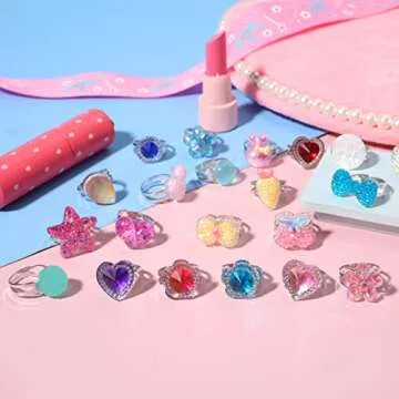PinkSheep Little Girl Jewel Rings in Box, Adjustable, No duplication, Girl Pretend Play and Dress Up Rings (30 Jewel Ring)