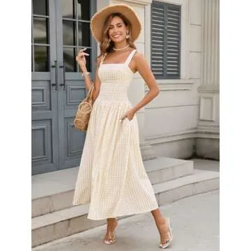 XinFSh Women's 2025 Summer Boho Midi Dress Plaid Square Neck Smocked Dresses Casual Flowy Beach Vaca...