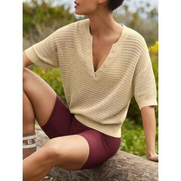 Imily Bela Womens Short Sleeve Summer Tops Casual Crochet V Neck Button Up Hollow Out Knit Sweater T...