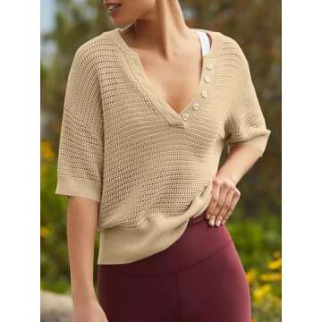 Imily Bela Womens Short Sleeve Summer Tops Casual Crochet V Neck Button Up Hollow Out Knit Sweater T Shirts Khaki