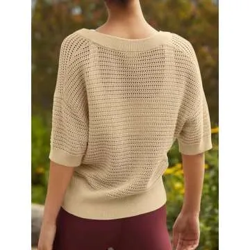 Imily Bela Womens Short Sleeve Summer Tops Casual Crochet V Neck Button Up Hollow Out Knit Sweater T Shirts Khaki