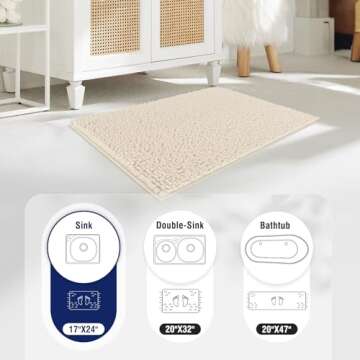 TECHMILLY Soft Fluffy Chenille Bathroom Rugs, Non Slip Absorbent Bath Mats for Bathroom, Washable and Quick Dry, Cream, 17" x 24"