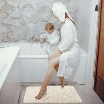 TECHMILLY Soft Fluffy Chenille Bathroom Rugs, Non Slip Absorbent Bath Mats for Bathroom, Washable and Quick Dry, Cream, 17" x 24"