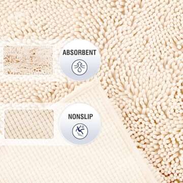 TECHMILLY Soft Fluffy Chenille Bathroom Rugs, Non Slip Absorbent Bath Mats for Bathroom, Washable and Quick Dry, Cream, 17" x 24"