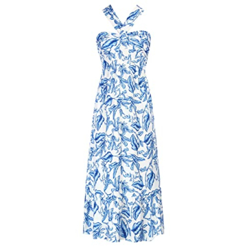 GRACE KARIN Women's Halterneck Dress Floral Print Sleeveless Summer Maxi Dress White Blue S