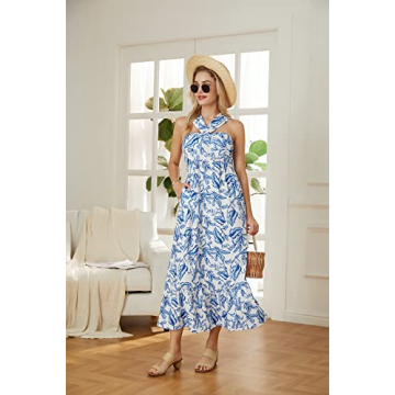 GRACE KARIN Women's Halterneck Dress Floral Print Sleeveless Summer Maxi Dress White Blue S