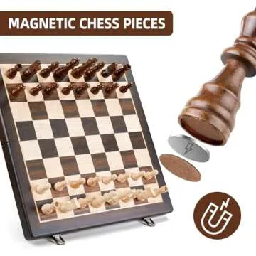ELONGDI Magnetic Wooden Chess Set,15" Folding Chess Board with Wood Texture 2 Extra Queens - Handmade Pieces Travel Board Games for Kids and Adults