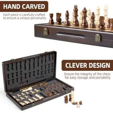 ELONGDI Magnetic Wooden Chess Set,15" Folding Chess Board with Wood Texture 2 Extra Queens - Handmade Pieces Travel Board Games for Kids and Adults