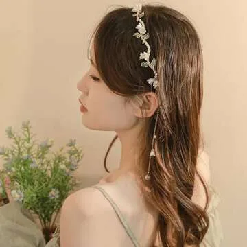 Eliongpu Flower Headband for Women Pearl Vine Gold Leaf Tassel Hair Hoop Band Boho Headwear Bridal Wedding Fairy Hair Accessories Headpiece Bridal Crown for Women Girls(Floral)