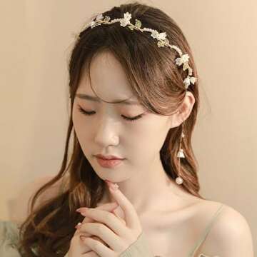 Eliongpu Flower Headband for Women Pearl Vine Gold Leaf Tassel Hair Hoop Band Boho Headwear Bridal Wedding Fairy Hair Accessories Headpiece Bridal Crown for Women Girls(Floral)