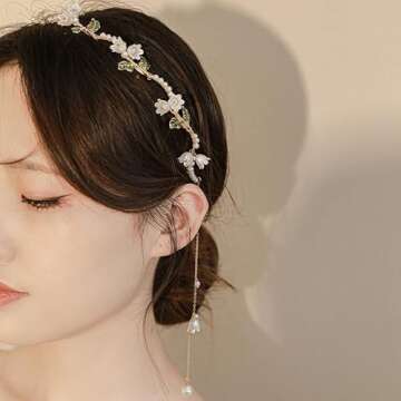 Eliongpu Flower Headband for Women Pearl Vine Gold Leaf Tassel Hair Hoop Band Boho Headwear Bridal Wedding Fairy Hair Accessories Headpiece Bridal Crown for Women Girls(Floral)