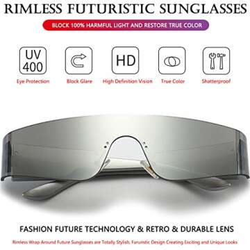 AIEYEZO Modern Fashion Rimless Futuristic Wrap Around Sunglasses Women Men Cyberpunk Visor Sun Glasses Trendy Future Shades (Silver/Silver Mirrored)