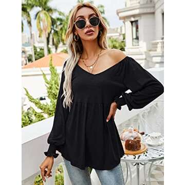 LOMON Black Cold Shoulder Tops for Women Puff Sleeved V Neck Pleated Tunic Tee Shirts, M