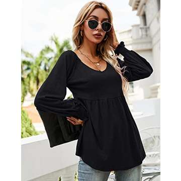 LOMON Black Cold Shoulder Tops for Women Puff Sleeved V Neck Pleated Tunic Tee Shirts, M