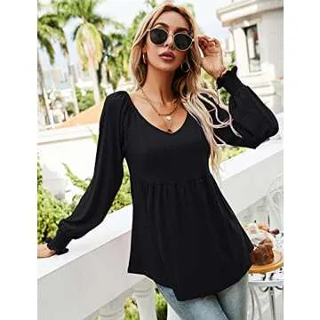 LOMON Black Cold Shoulder Tops for Women Puff Sleeved V Neck Pleated Tunic Tee Shirts, M