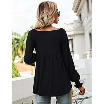 LOMON Black Cold Shoulder Tops for Women Puff Sleeved V Neck Pleated Tunic Tee Shirts, M