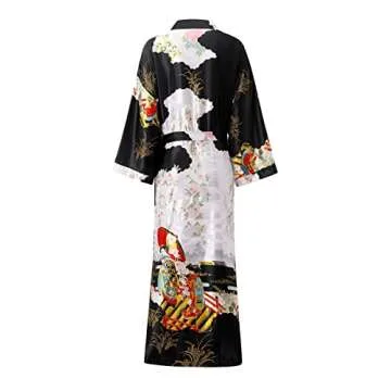 feslieacc Women's Long Satin Robes Plus Size Silky Robes Japanese Kimono Robes Black Satin Robes Lon...