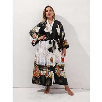 feslieacc Women's Long Satin Robes Plus Size Silky Robes Japanese Kimono Robes Black Satin Robes Long Silk Robes Wrap Robes, Black, 2XL/3XL