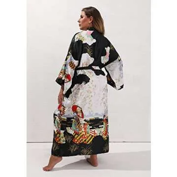 feslieacc Women's Long Satin Robes Plus Size Silky Robes Japanese Kimono Robes Black Satin Robes Long Silk Robes Wrap Robes, Black, 2XL/3XL