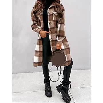 SeekMe Women's Plaid Brushed Wool Shacket Flap Pocket Lapel Button Down Long Shirt Jacket(0461-Coffe...