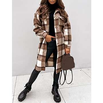 SeekMe Women's Plaid Brushed Wool Shacket Flap Pocket Lapel Button Down Long Shirt Jacket(0461-Coffee-XL-QB)