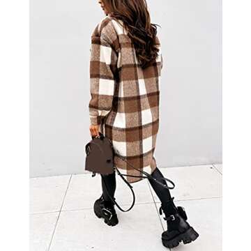 SeekMe Women's Plaid Brushed Wool Shacket Flap Pocket Lapel Button Down Long Shirt Jacket(0461-Coffee-XL-QB)