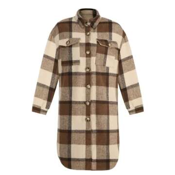 SeekMe Women's Plaid Brushed Wool Shacket Flap Pocket Lapel Button Down Long Shirt Jacket(0461-Coffee-XL-QB)