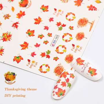Fall Nail Stickers Autumn Maple Leaf Nail Art Decals Thanksgiving Day Water Decal Transfer Slider Set Turkey Pumpkin Nail Art Foil Stickers Nail Supplies Accessories Decoration Manicure Tips 12 Design