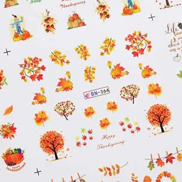 Fall Nail Stickers Autumn Maple Leaf Nail Art Decals Thanksgiving Day Water Decal Transfer Slider Set Turkey Pumpkin Nail Art Foil Stickers Nail Supplies Accessories Decoration Manicure Tips 12 Design