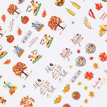 Fall Nail Stickers Autumn Maple Leaf Nail Art Decals Thanksgiving Day Water Decal Transfer Slider Set Turkey Pumpkin Nail Art Foil Stickers Nail Supplies Accessories Decoration Manicure Tips 12 Design