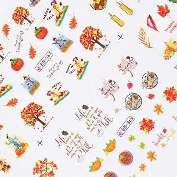 Fall Nail Stickers Autumn Maple Leaf Nail Art Decals Thanksgiving Day Water Decal Transfer Slider Set Turkey Pumpkin Nail Art Foil Stickers Nail Supplies Accessories Decoration Manicure Tips 12 Design