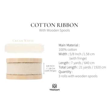 Vitalizart White Cotton Ribbon Handmade Fringe 5/8" x 21 Yd Cream Pure Natural Cotton Ribbons for Gi...