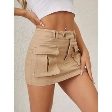 ELLEVEN Cargo Mini Skirt for Women Low Waist Y2K Bodycon Low Rise Denim Women's Skirts High Stretchy Button Cute Skort Mini Jean Skorts with Pockets Khaki X-Small