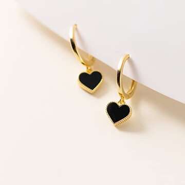 SLUYNZ Solid 925 Sterling Silver Black Heart Hoop Earrings for Women Teen Girls Love Heart Hoop Earrings Huggie (B-Gold Plated)