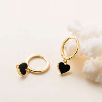 SLUYNZ Solid 925 Sterling Silver Black Heart Hoop Earrings for Women Teen Girls Love Heart Hoop Earrings Huggie (B-Gold Plated)