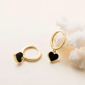 SLUYNZ Solid 925 Sterling Silver Black Heart Hoop Earrings for Women Teen Girls Love Heart Hoop Earrings Huggie (B-Gold Plated)