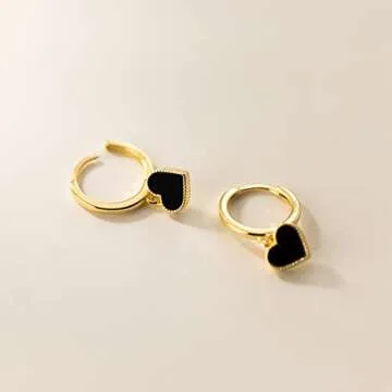 SLUYNZ Solid 925 Sterling Silver Black Heart Hoop Earrings for Women Teen Girls Love Heart Hoop Earrings Huggie (B-Gold Plated)