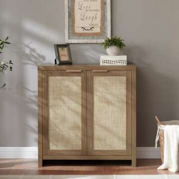 OAKHAM HOME Hampstead Storage Sideboard Cabinet with Rattan Doors and Adjustable Shelves, Buffet Kit...