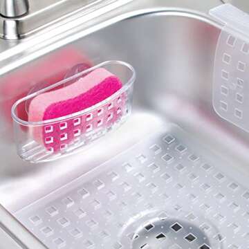 iDesign Plastic Sponge Holder Suction Cups Ideal for Kitchen Sinks and Bathroom Organization, 6.5" x 2.5" x 2.5", Clear