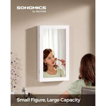 SONGMICS Lockable Jewelry Cabinet Armoire with Mirror, Wall-Mounted Space Saving Jewelry Storage Organizer, White UJJC51WT