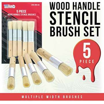 U.S. Art Supply 5 Piece Wood Handle Stencil Brush Set - Durable Natural Bristle Brushes for All Pain...