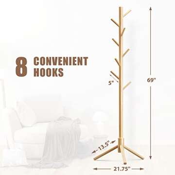 Haddockway Wooden Coat Rack Stand with 8 Hooks New Zealand Pine 3 Adjustable Coat Standing Tree Easy...