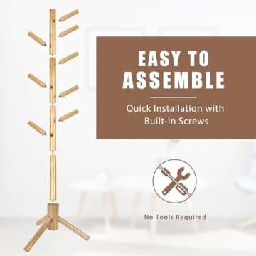 Haddockway Wooden Coat Rack Stand with 8 Hooks New Zealand Pine 3 Adjustable Coat Standing Tree Easy Assembly for Coats, Hats, Scarves and Handbags for Entryway, Hallway, Bedroom, Office