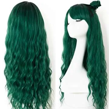 EVLYNN Wigs With Bangs Ombre Dark Green Wig Long Loose Wavy Curly Hair Synthetic Fiber Glueless Dark Root No Lace Wig For Women 26 Inches…