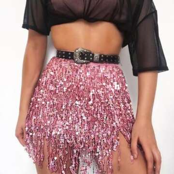 Kakaco Women Belly Dance Skirt Sequin Fringe Skirts Sparkly Hip Scarf Skirt Fashion Party Skirt Costume (C-Pink)