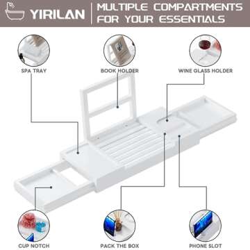 Yirilan Bamboo Bathtub Tray, Expandable Bathroom Tray, Waterproof Tray Caddy, Perfect Bath Caddy for Home Spa, Gift for Loved Ones-White